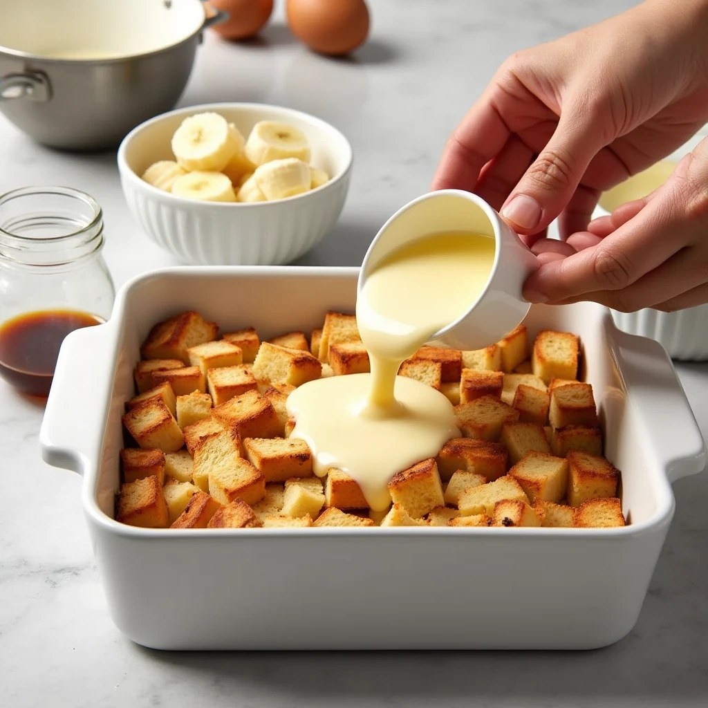 Preparing Bananas Foster Bread Pudding: Pouring custard over bread