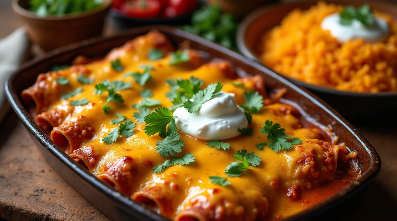 Golden-brown, cheesy Boulders enchiladas garnished with cilantro, served with Spanish rice and sour cream. boulders enchilada recipe