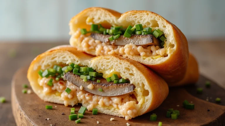 Delicious Matjesbrötchen, a classic German herring sandwich with creamy sauce, onions, and fresh herbs