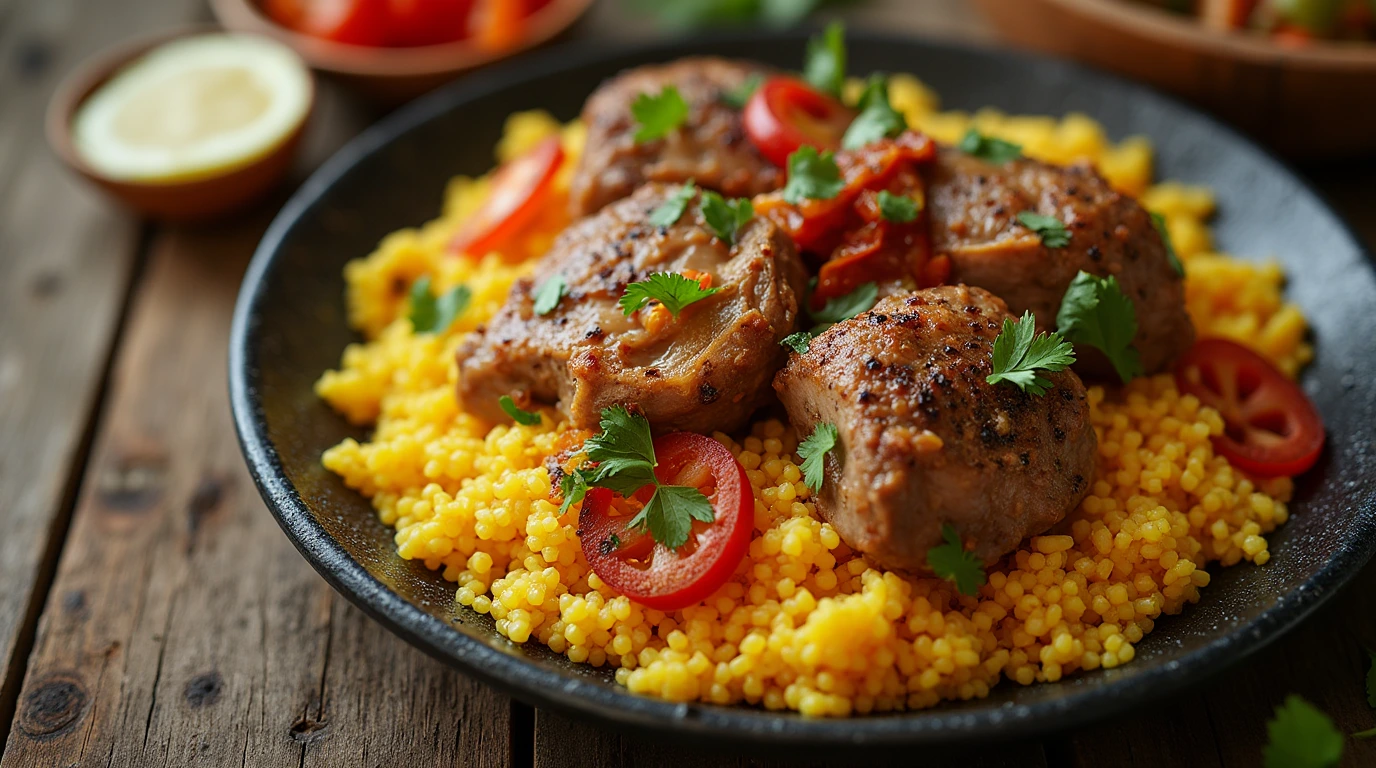 A beautifully layered Terra Massoud dish with rice, meat, and vegetables