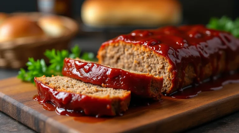 Sliced meatloaf with glaze on a wooden cutting board