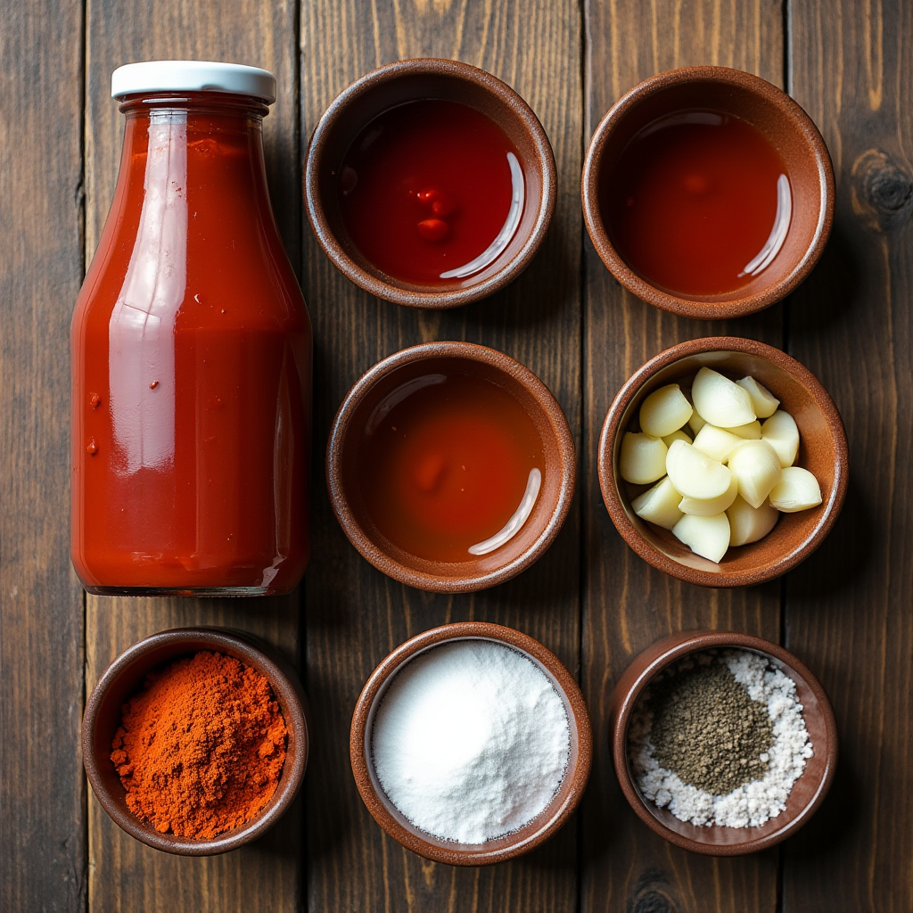 Flat lay photo of all ingredients for BBQ sauce, including ketchup, jelly, and spices