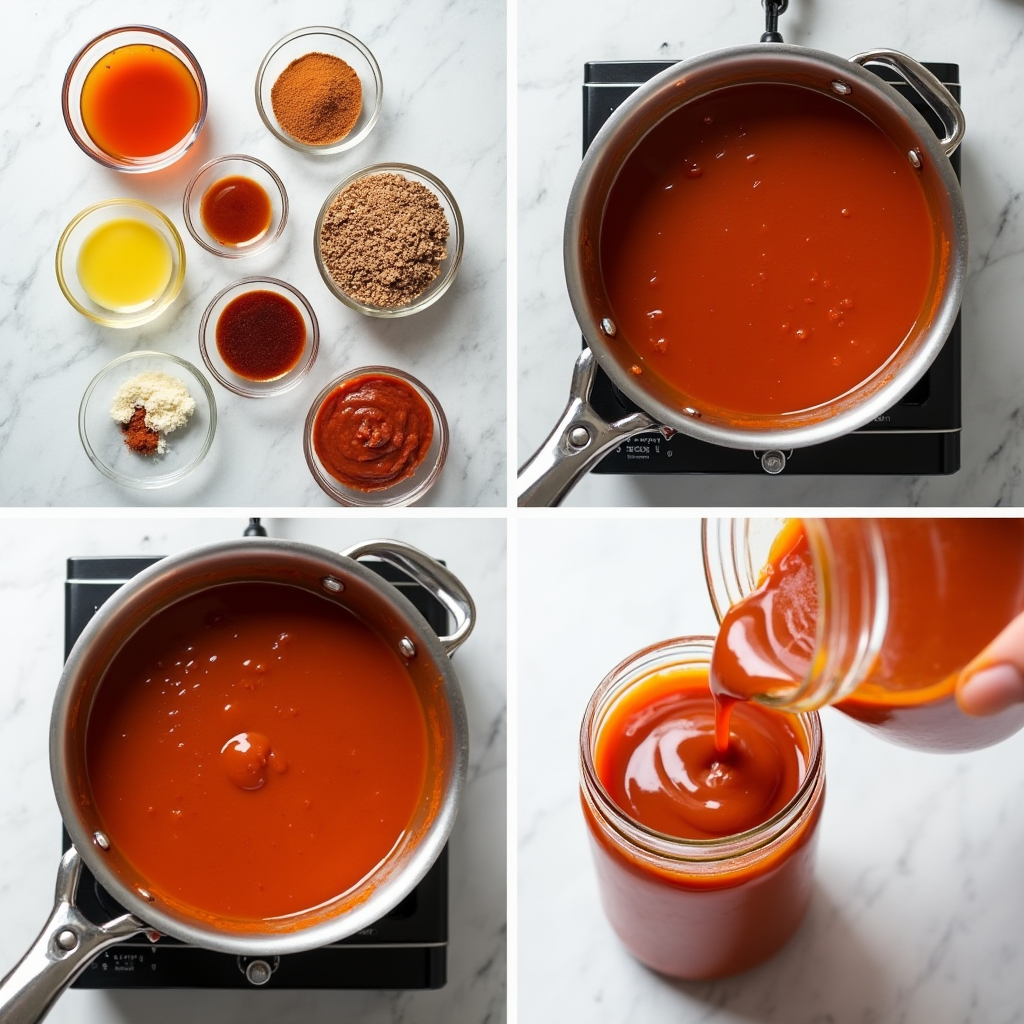 Collage of BBQ sauce preparation steps showing ingredients, cooking, and pouring into jar