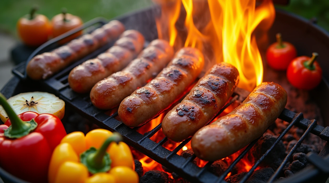 Sizzling sausages on a charcoal grill with colorful grilled vegetables