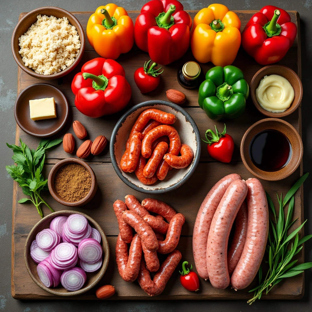 Flat lay of various BBQ sausage recipe ingredients