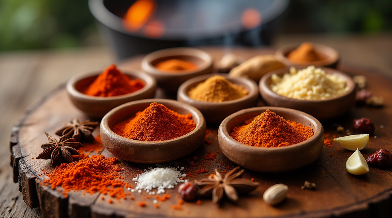 Wooden platter with bowls of red, orange, and yellow spices, plus star anise, garlic, and dried fruit