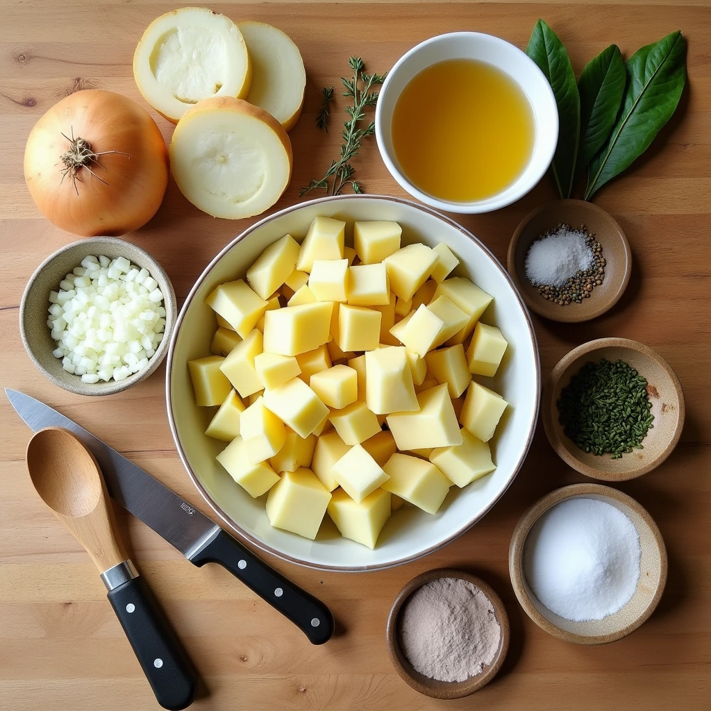 All ingredients for Benignis Potota soup neatly arranged on a wooden surface