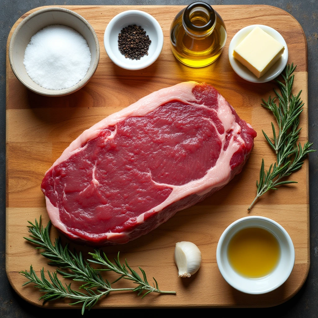 Bison ribeye steak and ingredients on a cutting board