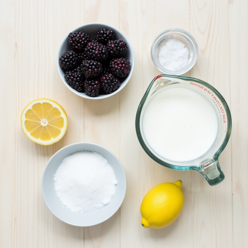 All ingredients for making homemade blackberry ice cream