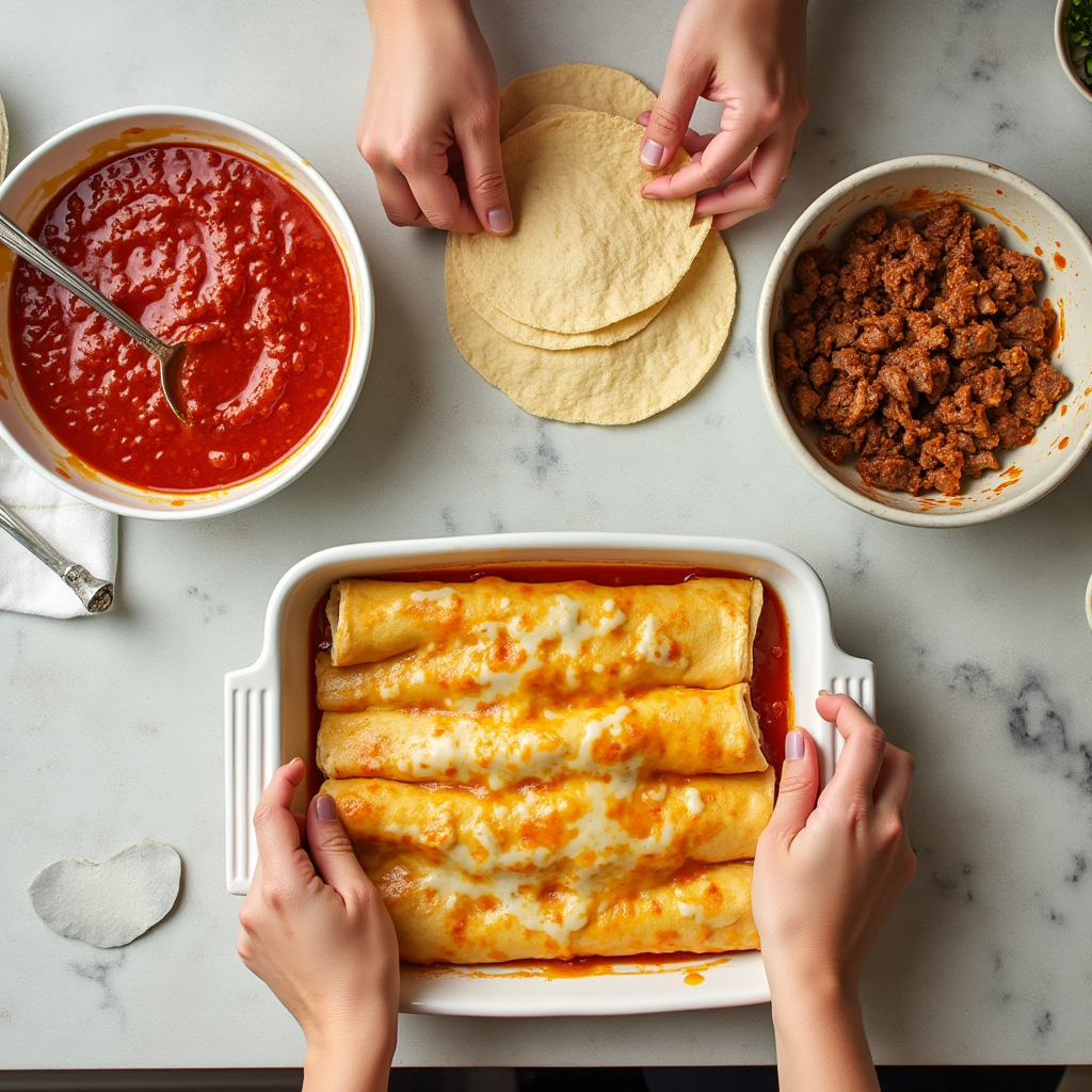 Preparation steps for making Boulders enchiladas, showing tortillas being dipped in sauce and the filling process. boulders enchilada recipe