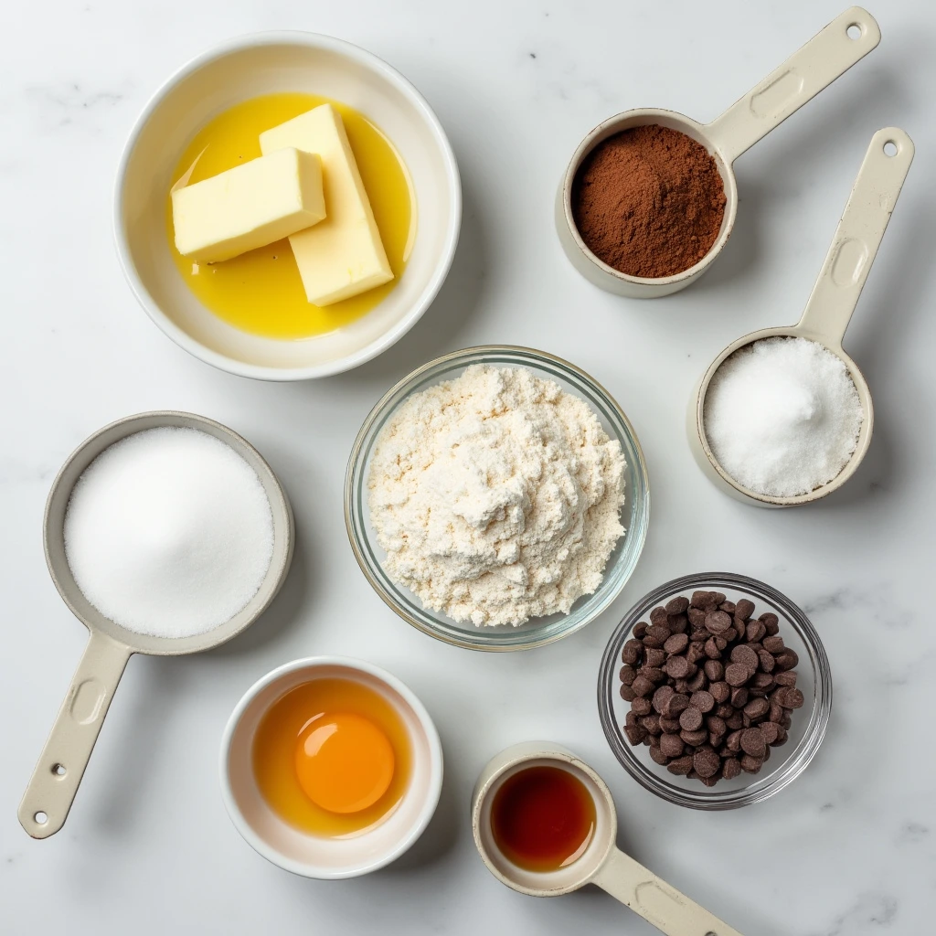 All the necessary ingredients for brookies recipe, flat lay shot on a kitchen counter