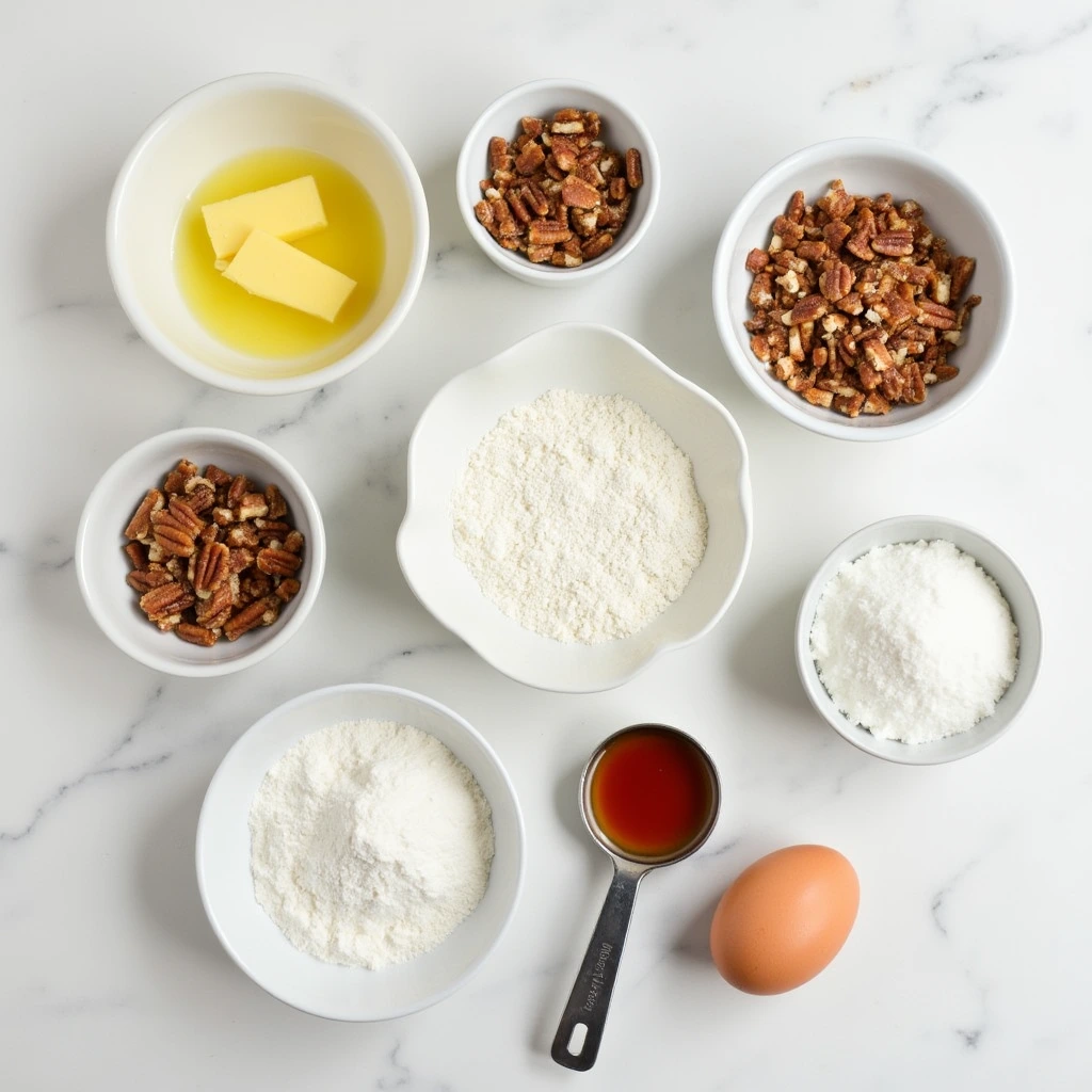 Flat lay of all the ingredients needed for brown butter pecan cookies