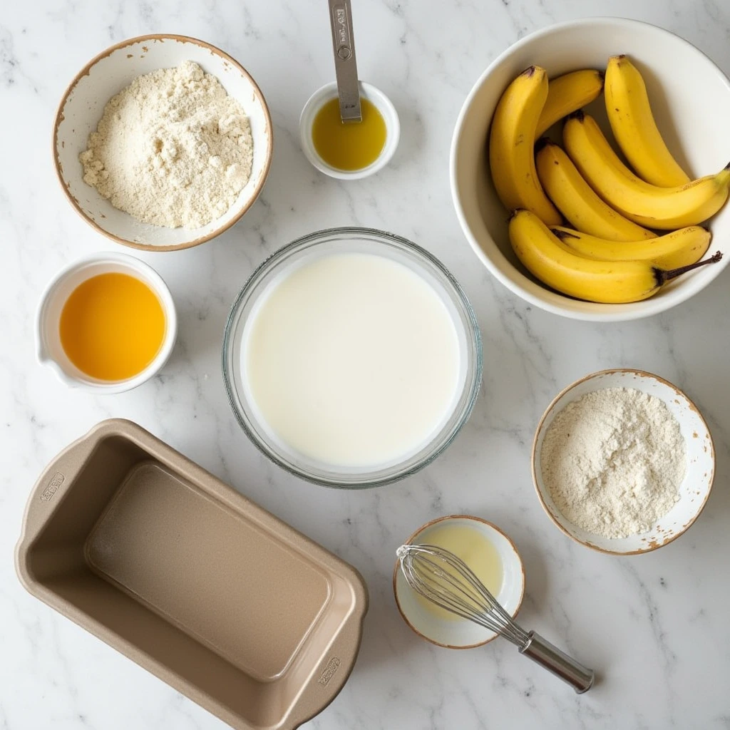 All ingredients and steps for a butter-free banana bread recipe laid out on a kitchen counter