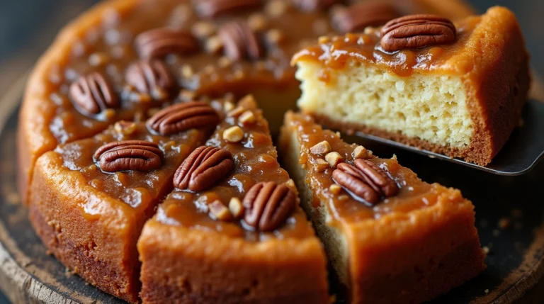 Delicious Butter Pecan Praline Poke Cake with a slice being removed