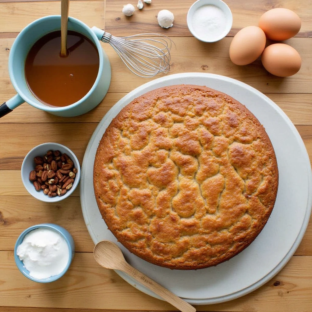 Ingredients for Butter Pecan Praline Poke Cake arranged on a table