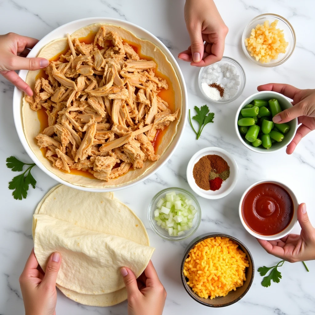 Flat lay of chicken enchilada ingredients and hands showing how to assemble it