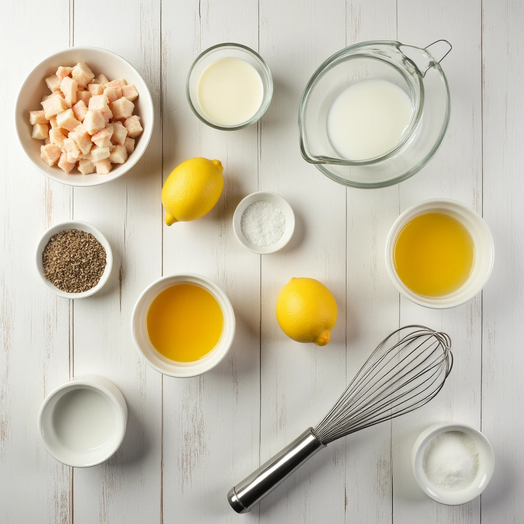 Overhead view of all crab brulee recipe ingredients, including crab meat, cream, eggs, seasoning, lemons, sugar, ramekins, a whisk, and a bowl, on a light wooden surface