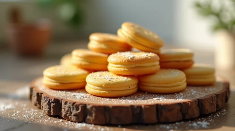 Creamy Madeline cookies with powdered sugar on a wooden board