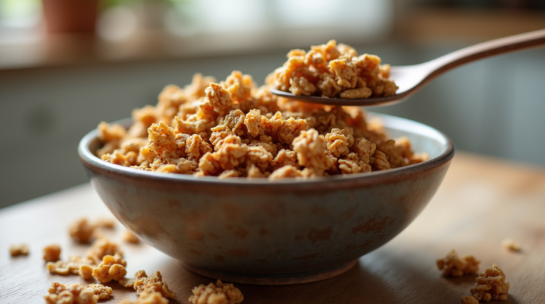 A bowl of homemade vanilla nut granola with a wooden spoon scooping some out