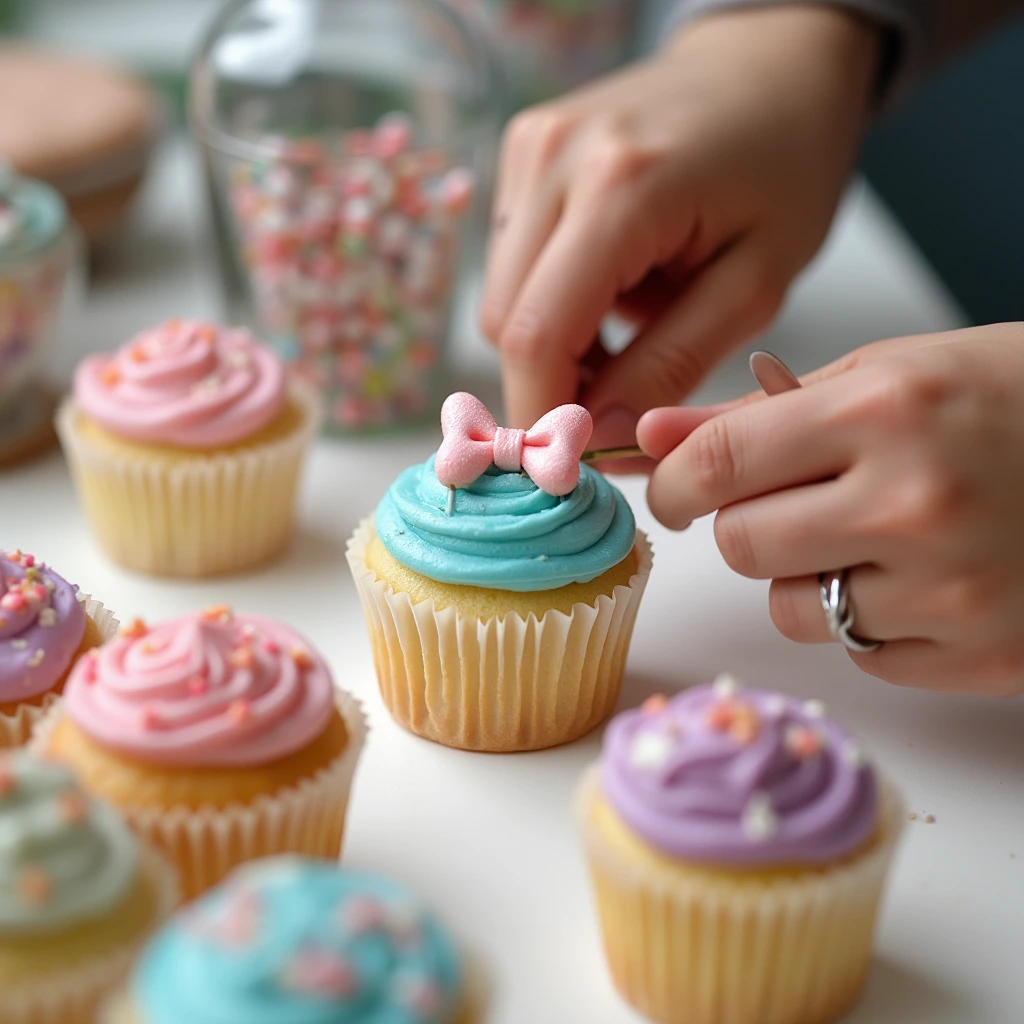 A medium shot of a baker's hands carefully adding the final bow to a bow and arrow cupcake. The picture shows a portion of the preparation steps, with the ingredients and tools on the table, and other decorated cupcakes in the background