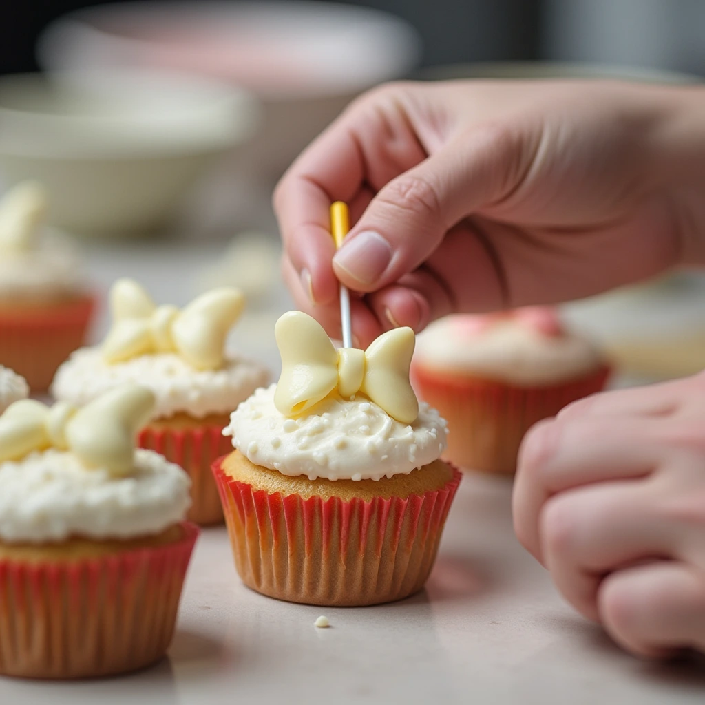 Hands decorating a bow and arrow cupcake during preparation2