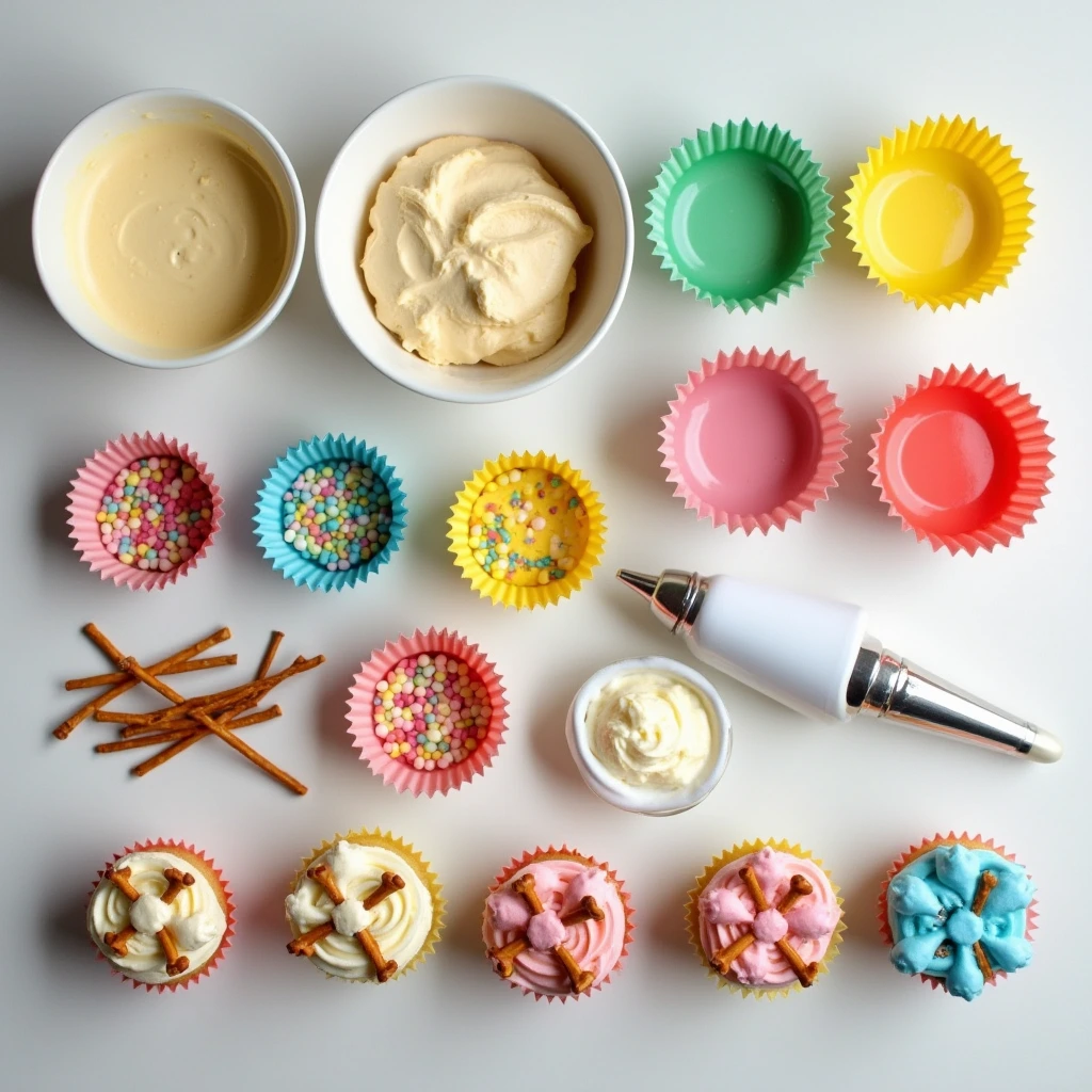 Overhead view of ingredients and tools for bow and arrow cupcakes