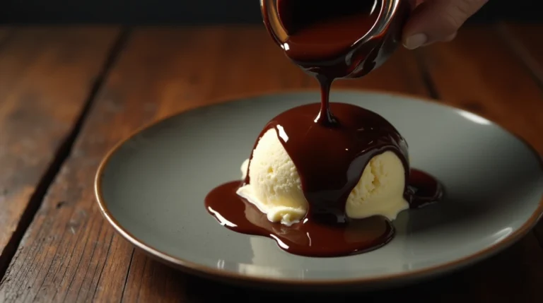 Rich black label chocolate sauce being drizzled over vanilla ice cream