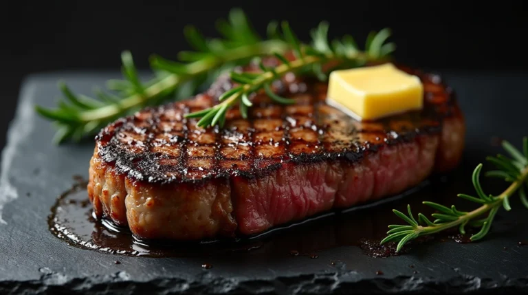 Perfectly seared bison ribeye steak with rosemary and butter