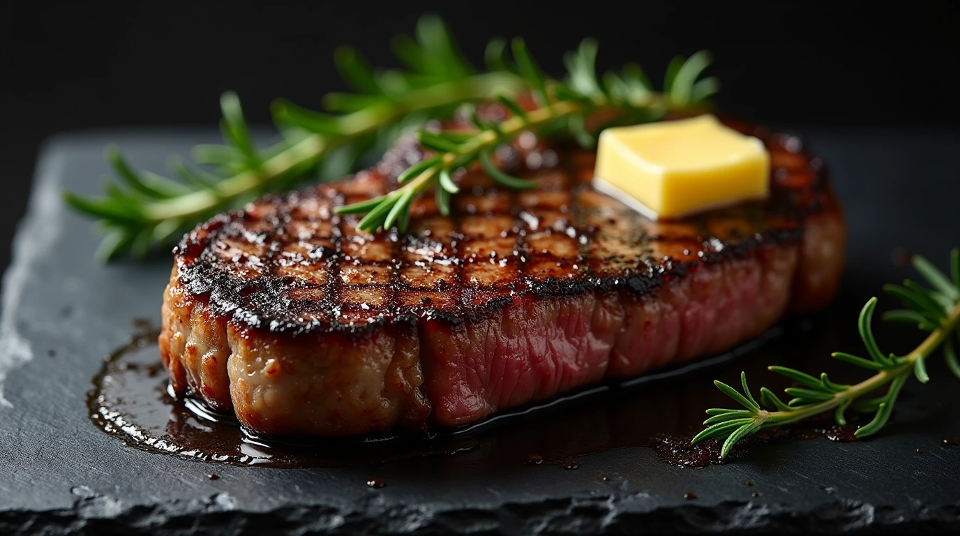 Perfectly seared bison ribeye steak with rosemary and butter