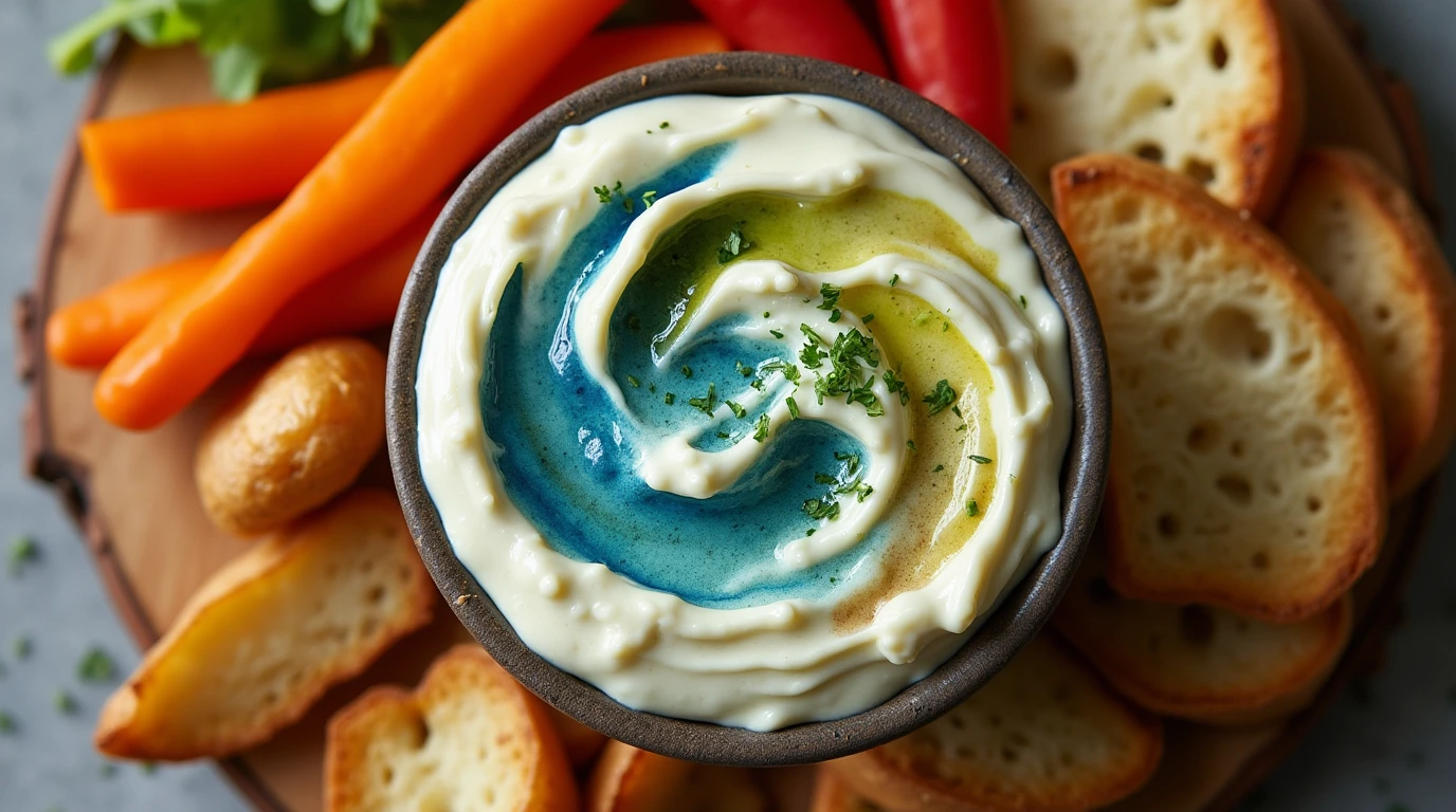 Bowl of blue jam garlic aioli with dippers, close up