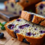 Sliced blueberry lentil bread loaf on a wooden cutting board