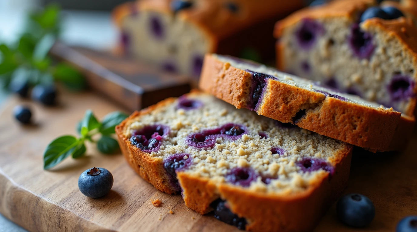 Sliced blueberry lentil bread loaf on a wooden cutting board