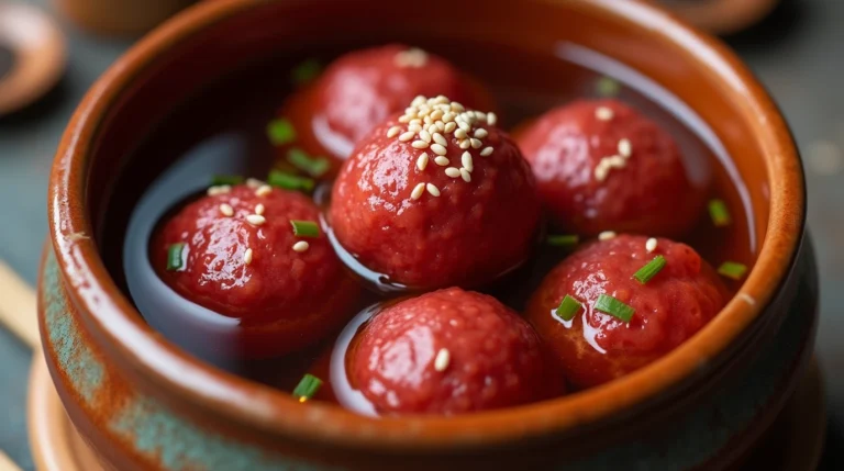 A bowl of glistening red bean rice balls in a clear broth