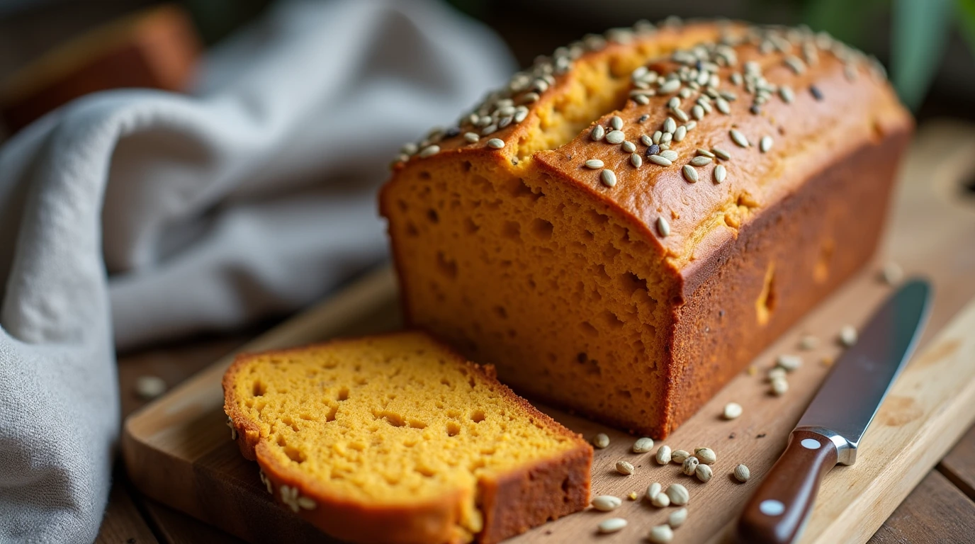 Freshly baked seeded miso sweet potato bread loaf on a wooden board