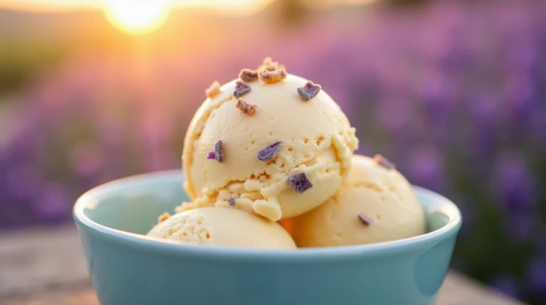 Scoop of homemade honey lavender ice cream with candied lavender