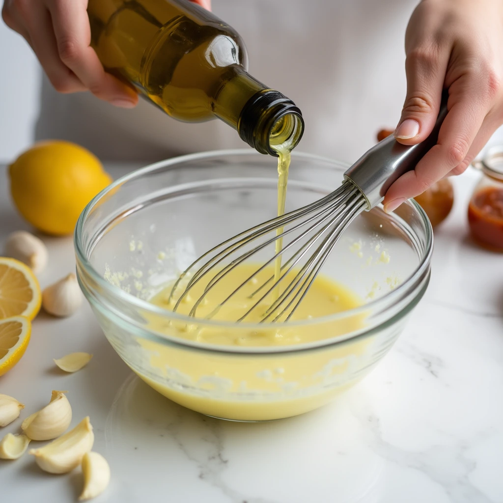 Hands whisking aioli ingredients in a bowl