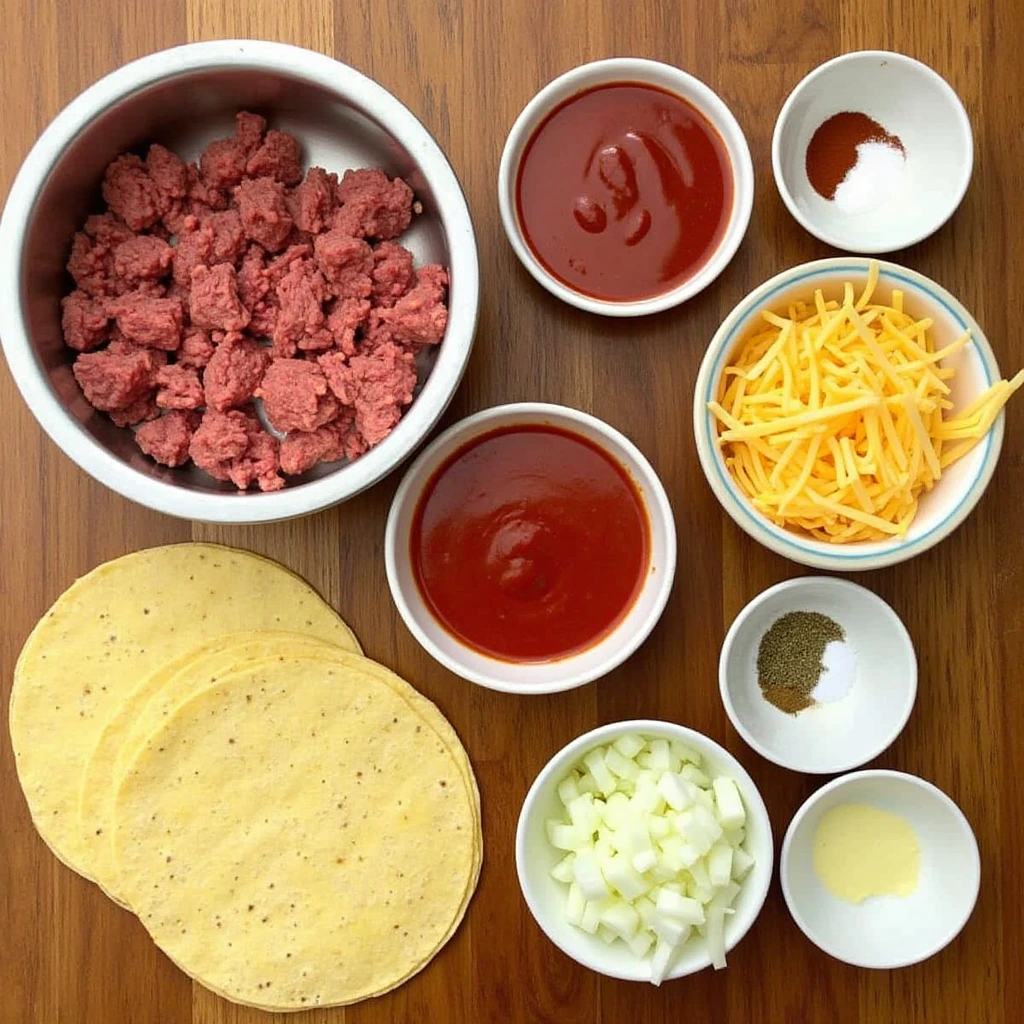 Ingredients and step overview for making beef and cheese enchiladas