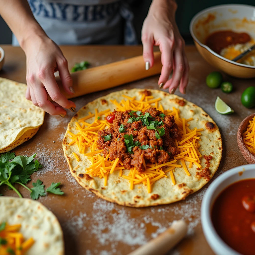 Preparing beef and cheese enchiladas: Rolling tortillas with filling