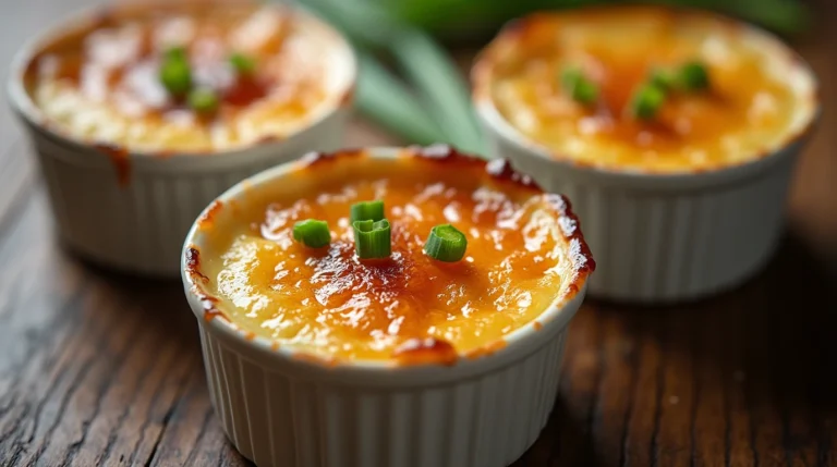 Three individual ramekins of crab brulee with golden-brown caramelized sugar crust, garnished with fresh chives