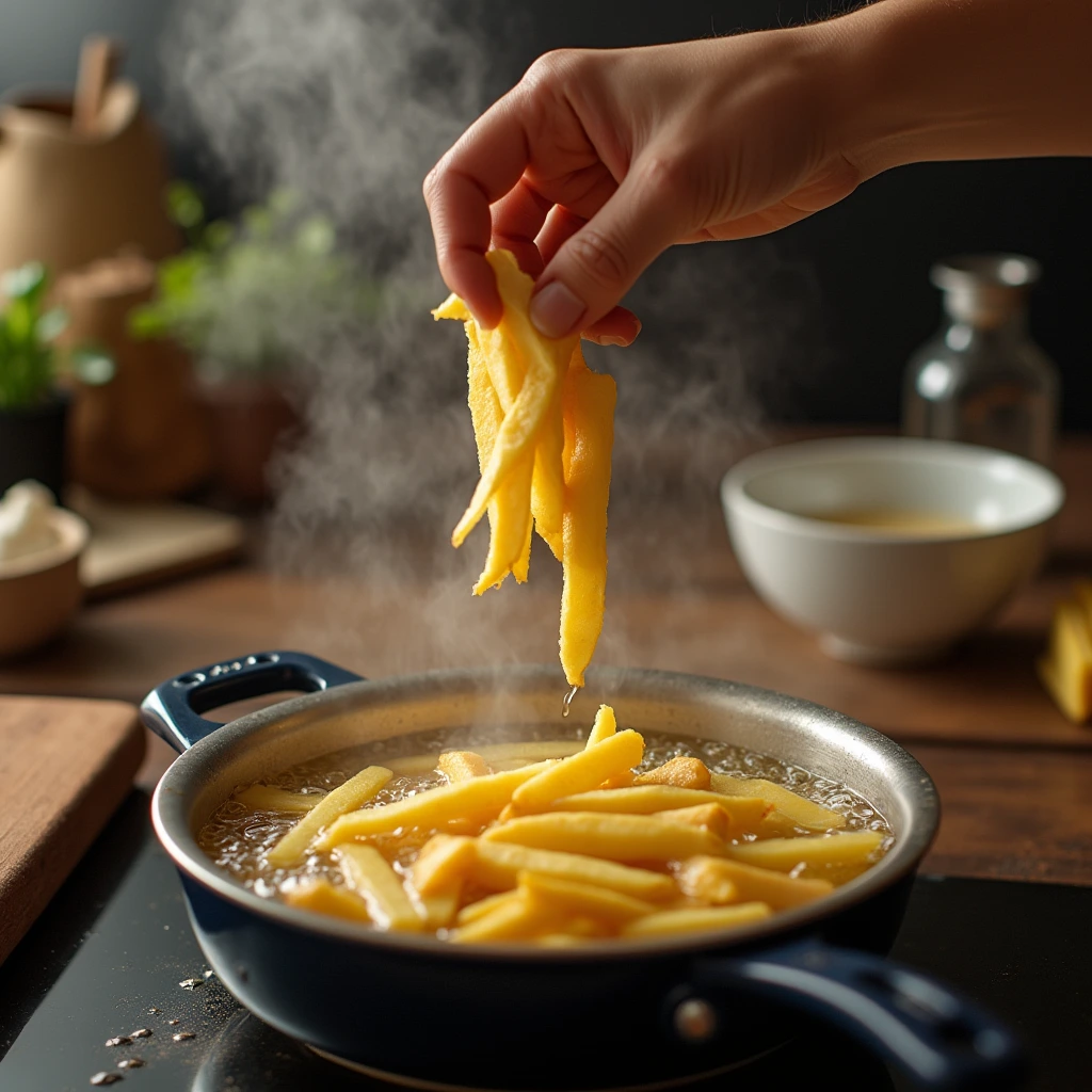 Frying potatoes for homemade hot fries