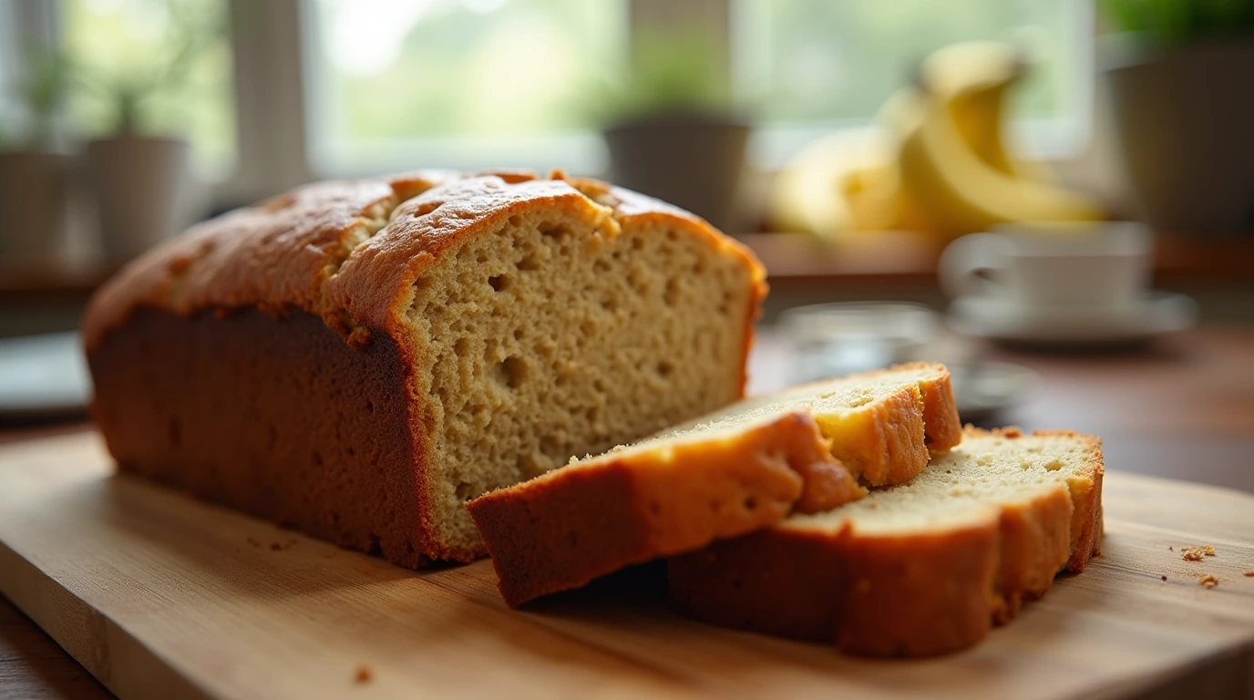 Delicious slices of butter-free banana bread on a wooden board