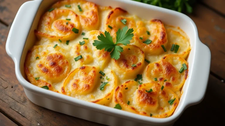 Creamy scalloped potatoes with cheese powder in a baking dish