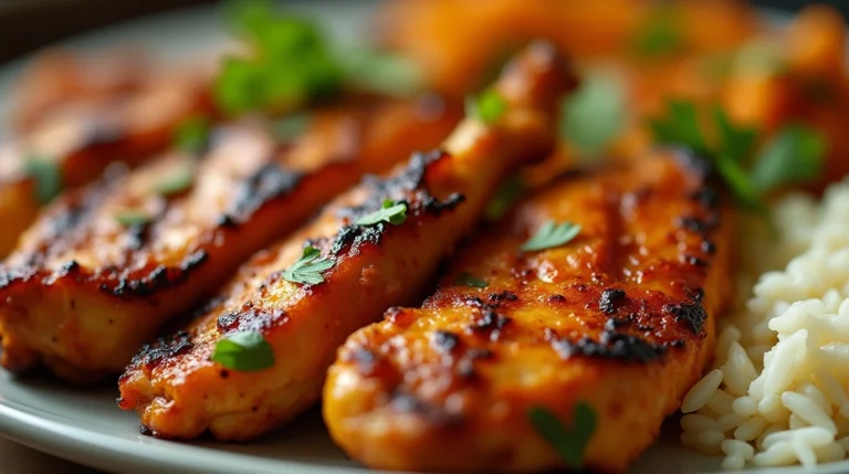 Delicious grilled butter chicken with basmati rice and cilantro