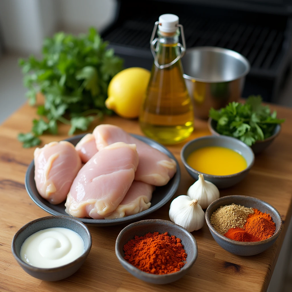 Ingredients for grilled butter chicken, including chicken, spices, and herbs