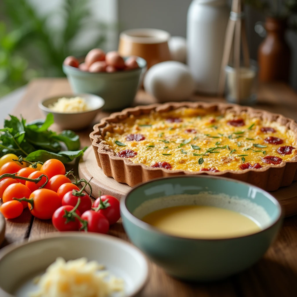 Ingredients for a healthy quiche laid out on a counter