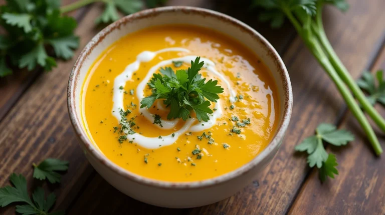 Bowl of creamy Benignis Potota soup garnished with parsley and cream