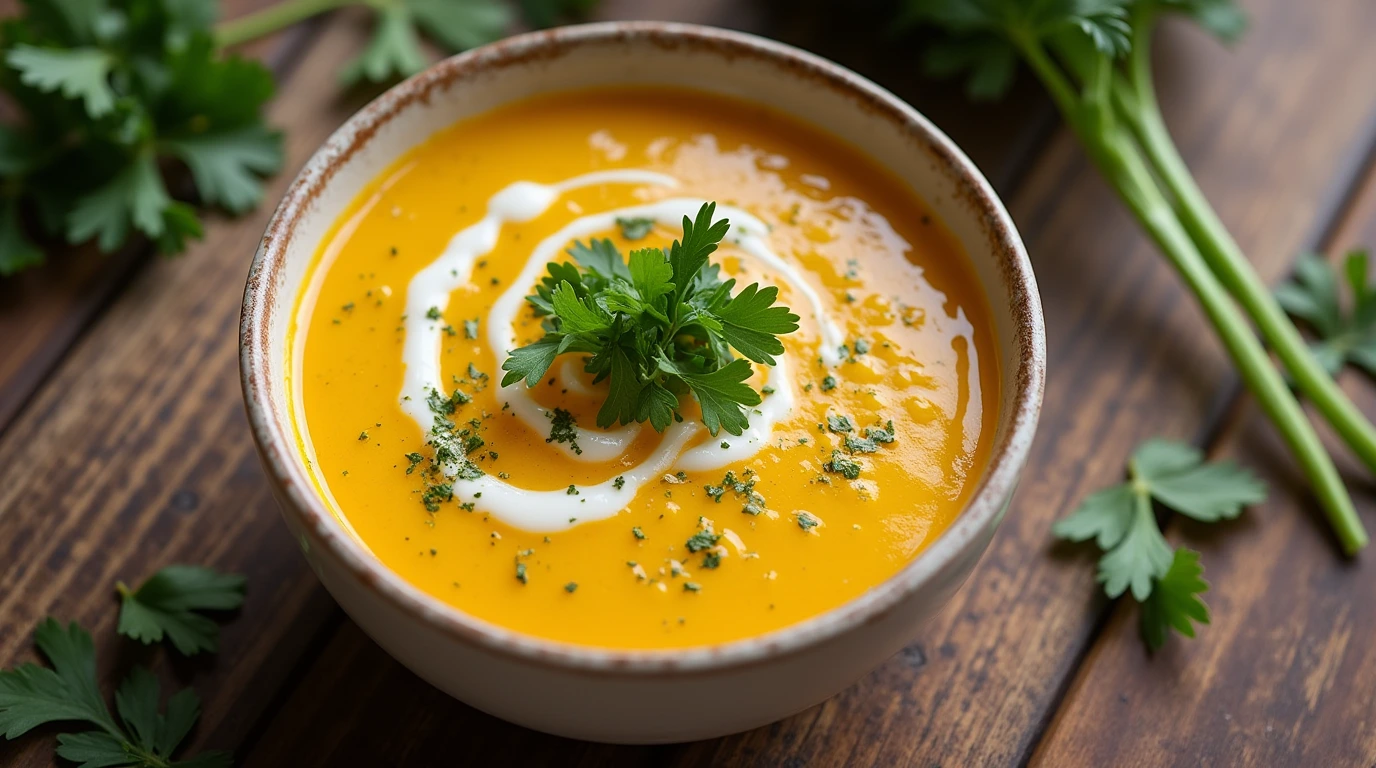 Bowl of creamy Benignis Potota soup garnished with parsley and cream