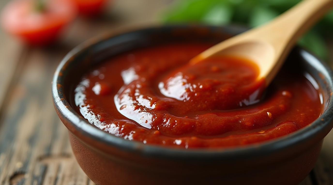 Close up of homemade BBQ sauce made with ketchup and jelly in a ramekin