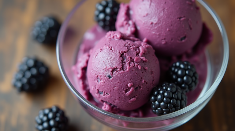 Two scoops of homemade blackberry ice cream in a glass bowl on a wooden table with fresh berries