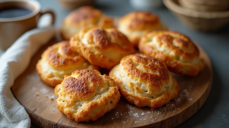 Golden, flaky Gipfeli pastries on a wooden board with coffee